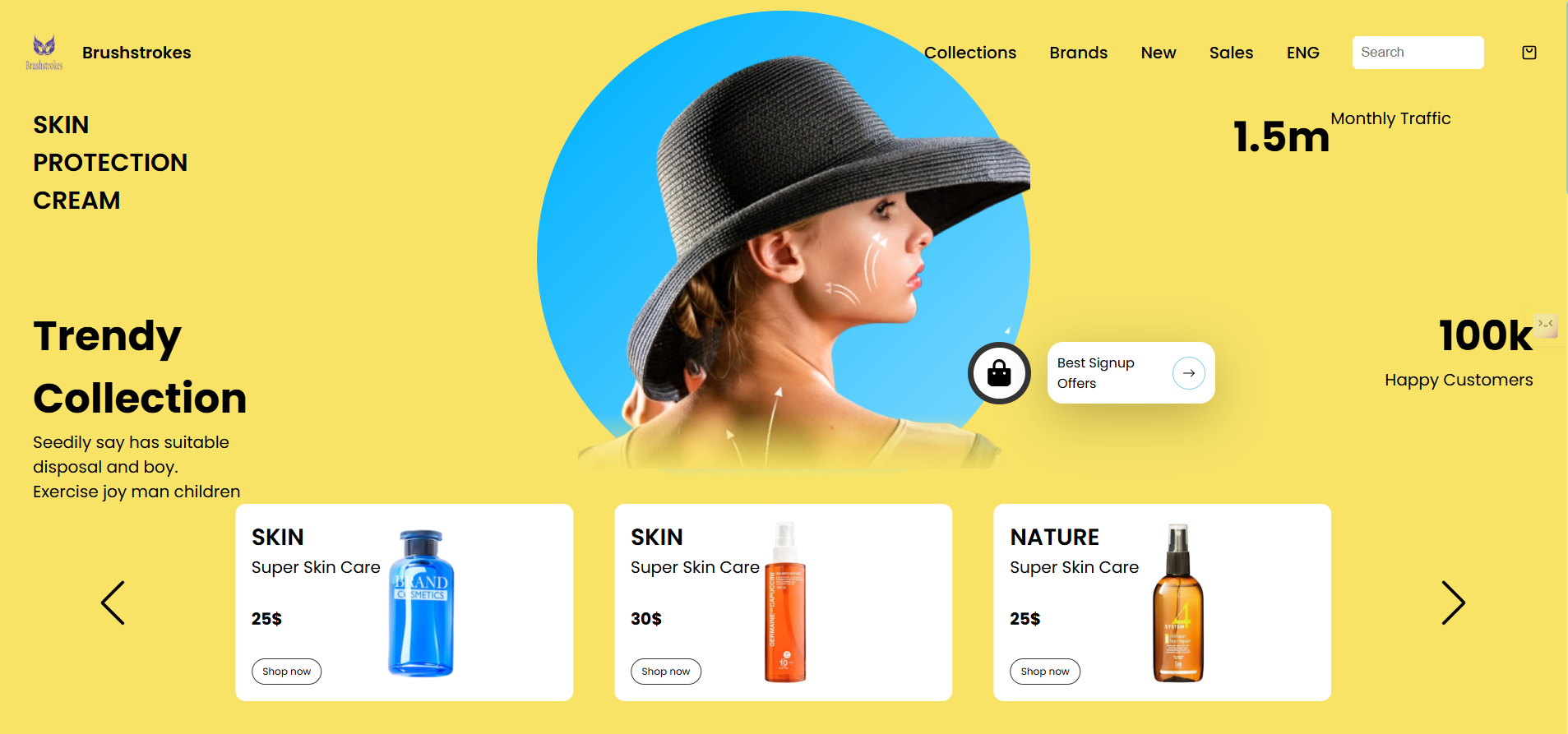 Homepage of the Brushstrokes skin-care website