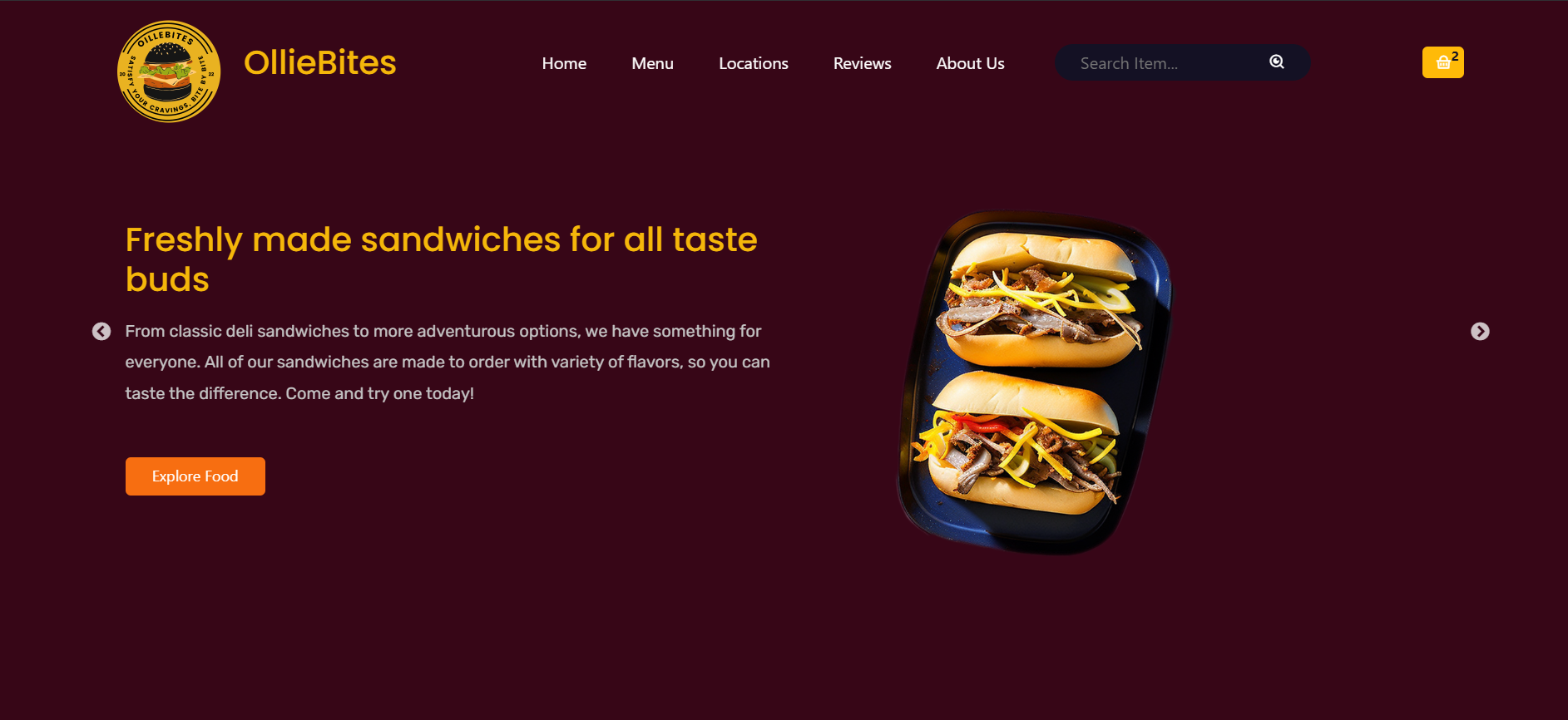 Homepage of the OllieBites fast food website